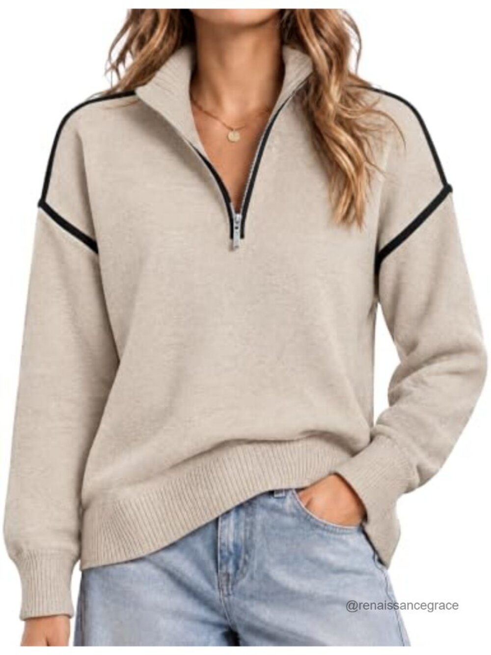 Quarter Zip Pullover Sweater Long Sleeve Collared Knit Top